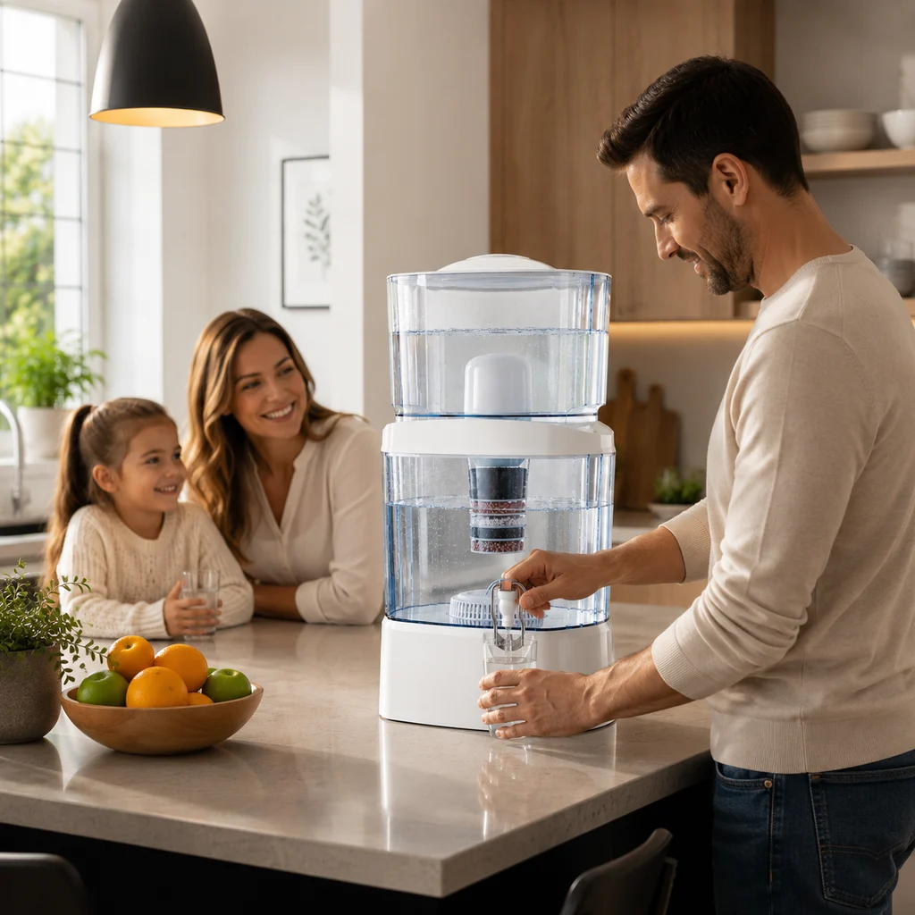 Familie care bea apa filtrata cu purificatorul SafeCare