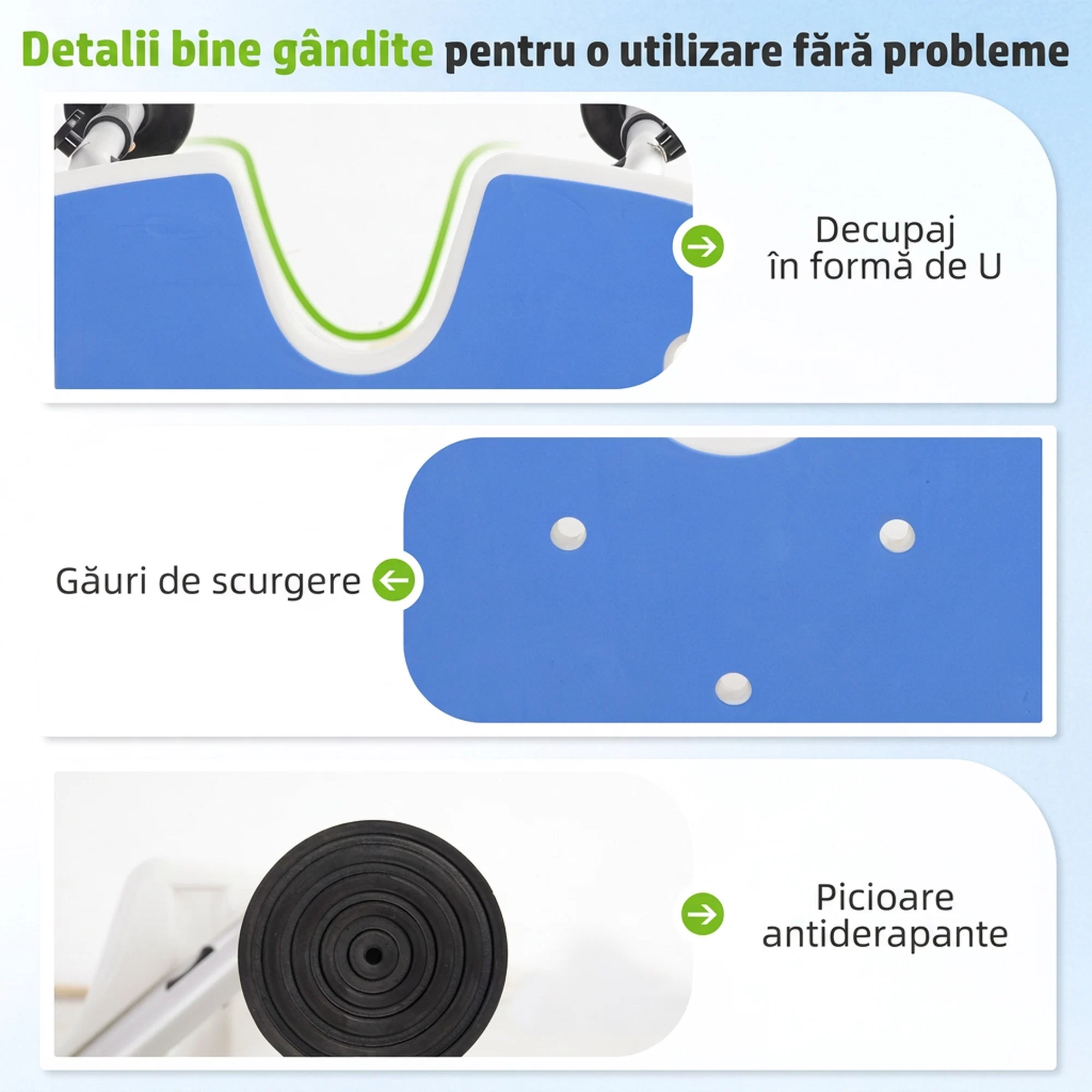Taburet de dus reglabil pe inaltime cu maner, sezut captusit in forma de U si picioare antiderapante, albastru 2 Detalii ale sezutului in forma de U, orificiilor de drenaj si picioarelor antiderapante