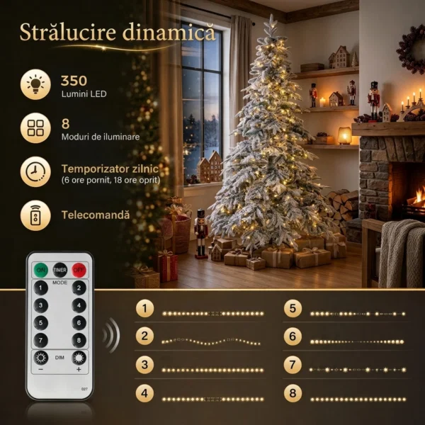 Brad de Craciun Inzapezit 180 cm cu 350 de Lumini LED Alb Cald, Timer, Telecomanda, 8 Modalitati, 740 de Ramuri Ignifuge - imagine 5