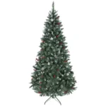 Brad de Craciun Inalt de 210 cm pentru Interior cu 928 de Ramuri, Conuri si Fructe Rosii, Baza din Metal, Verde