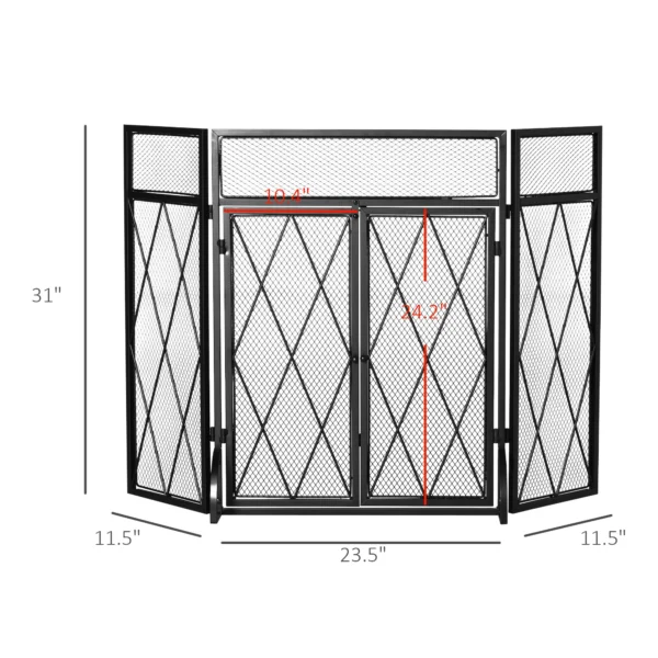 Parascantei pentru semineu, 3 panouri pliabile cu usa centrala, 120 × 11,5 × 79 cm, Negru - imagine 3
