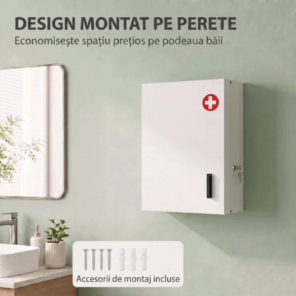 Dulapior de Medicamente de Perete, 6 Compartimente cu 2 Chei, Alb - imagine 7