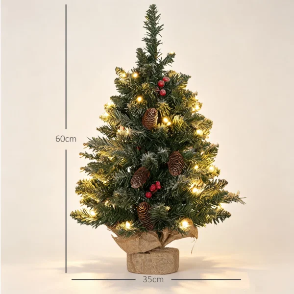 Mini brad de Craciun 60 cm cu lumini integrate, 86 ramuri, conuri de pin, bobite rosii, baza din ciment, verde - imagine 3