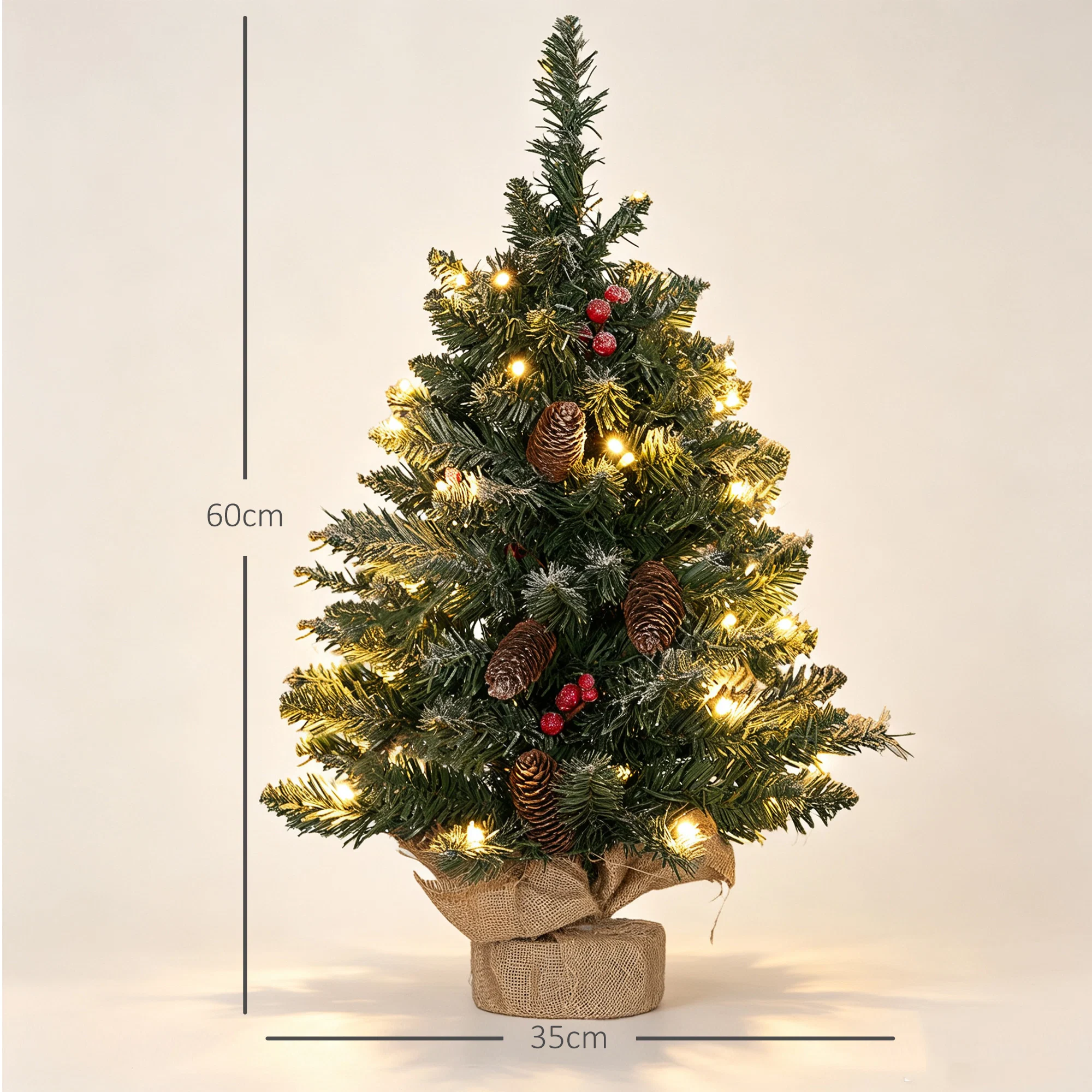 Mini brad de Craciun 60 cm cu lumini integrate, 86 ramuri, conuri de pin, bobite rosii, baza din ciment, verde 3 Dimensiunile mini bradului: 60 cm inaltime si 35 cm diametru