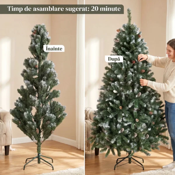 Brad de Craciun inzapezit, inalt de 180 cm, cu 910 ramuri si conuri, baza pliabila din metal, verde - imagine 7