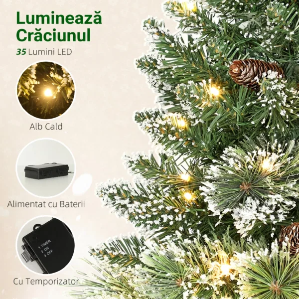 Pom de Craciun Mic Inalt 60 cm cu 35 Lumini LED Albe, 64 Crengi Ignifuge cu Conuri, Verde - imagine 5