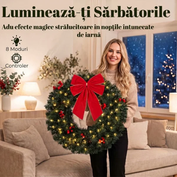 Coronita de Craciun de 60 cm cu Lumini LED, Conuri de Brad si Bobite, Verde - imagine 5