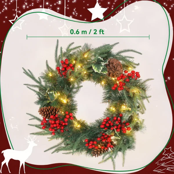 Ghirlanda de Craciun de 60 cm cu lumini LED albe, timer, conuri, boabe si frunze de ilex, verde - imagine 3
