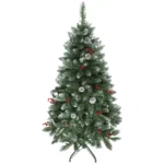 Brad de Craciun de 150 cm Inaltime pentru Interior cu 398 de Crengi, Conuri si Fructe Rosii, Baza din Metal, Verde