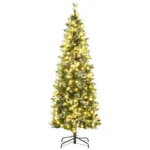Brad de Craciun 180cm Artificial cu 240 Lumini LED si 618 Ramuri, Brad Acoperit cu Zapada Inalt si Ingust cu Postament din Otel