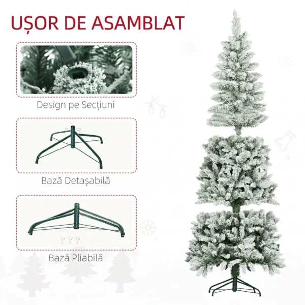 Brad de Craciun 183 cm cu 479 Ramuri Inzapezite, Design Ingust si Inalt cu Baza Rabatabila, Verde - imagine 6