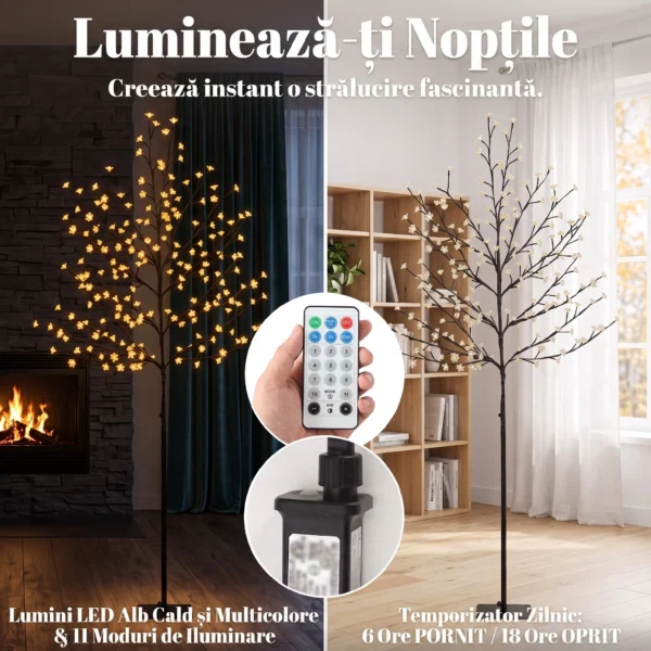 Copac de Craciun tip cires, 180 cm, cu LED-uri, 20 ramuri, timer zilnic, pentru interior si exterior acoperit, negru - imagine 4