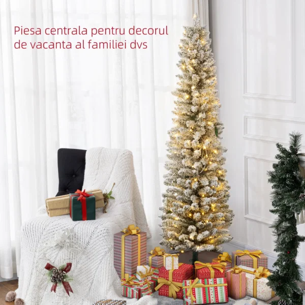 Brad de Craciun cu Zapada Artificiala, 329 Ramuri si Lumini LED Albe, din Plastic si Metal, Ø52x180 cm, Verde - imagine 4