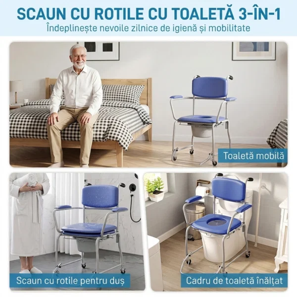 Scaun WC Mobil cu Roti 3 in 1, PU Otel Inoxidabil, Albastru - imagine 4