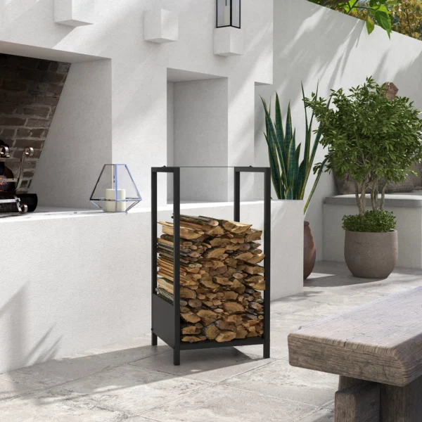 Raft pentru Busteni  pentru Exterior si Interior din Otel, Suport pentru Lemne  Modern cu Baza Inaltata, 39x35x76cm, Negru - imagine 2