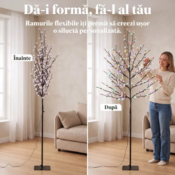Copac de Craciun tip cires, 180 cm, cu LED-uri, 20 ramuri, timer zilnic, pentru interior si exterior acoperit, negru - imagine 6