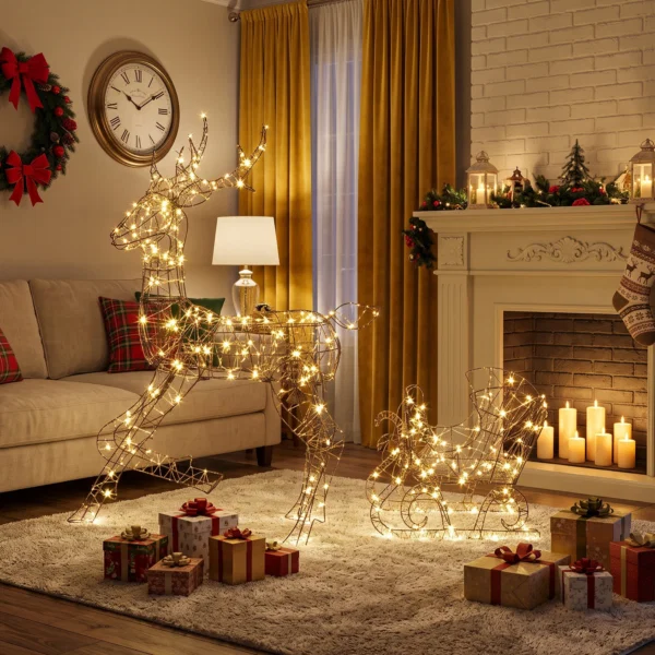 Rena luminoasa de Craciun cu sanie, 175 LED-uri alb cald, 8 moduri de iluminare, timer, IP44, maro - imagine 8