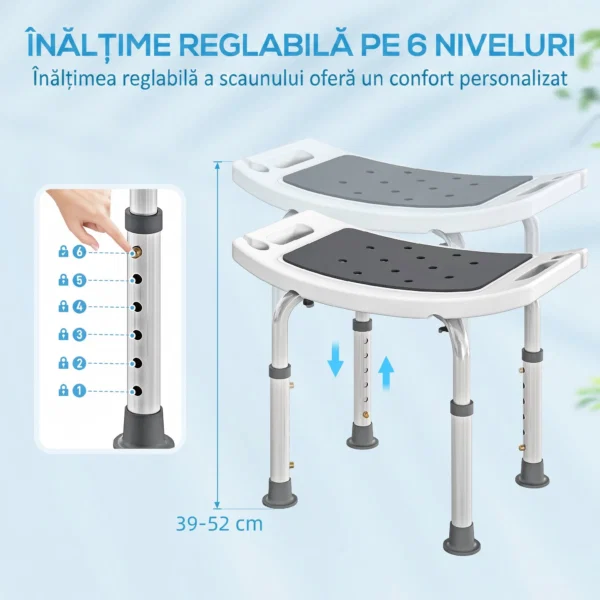 Scaun de Dus din Aluminiu si Plastic Antialunecare, Inaltime Reglabila 6 Niveluri 39-52cm, Gri - imagine 5