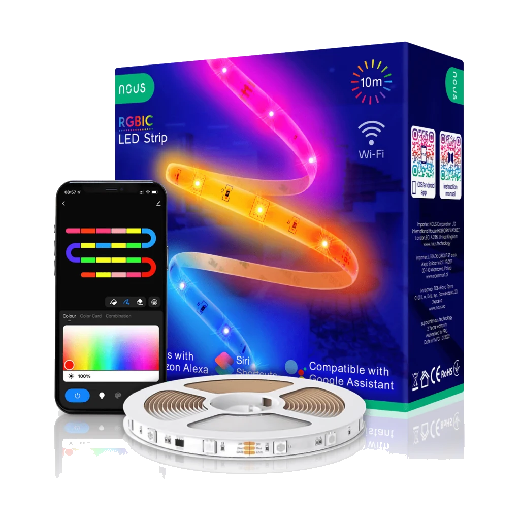 Banda LED Nous Wifi RGBIC F5, 10 m, Smart, 18W, Sincronizare Muzica, compatibil cu Alexa, Google Assistant si Siri